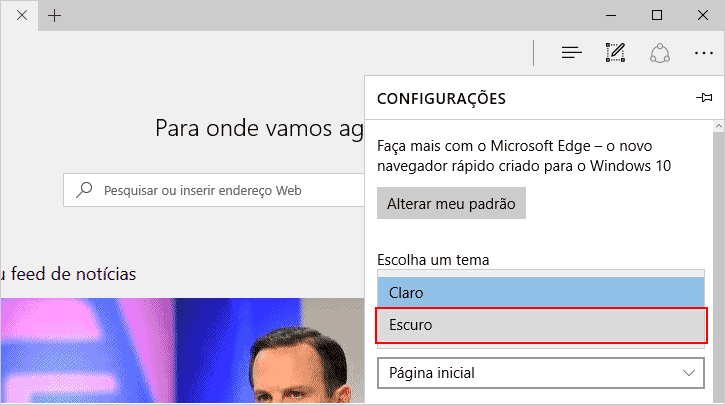 alternando para o tema escuro do Edge no Windows 10