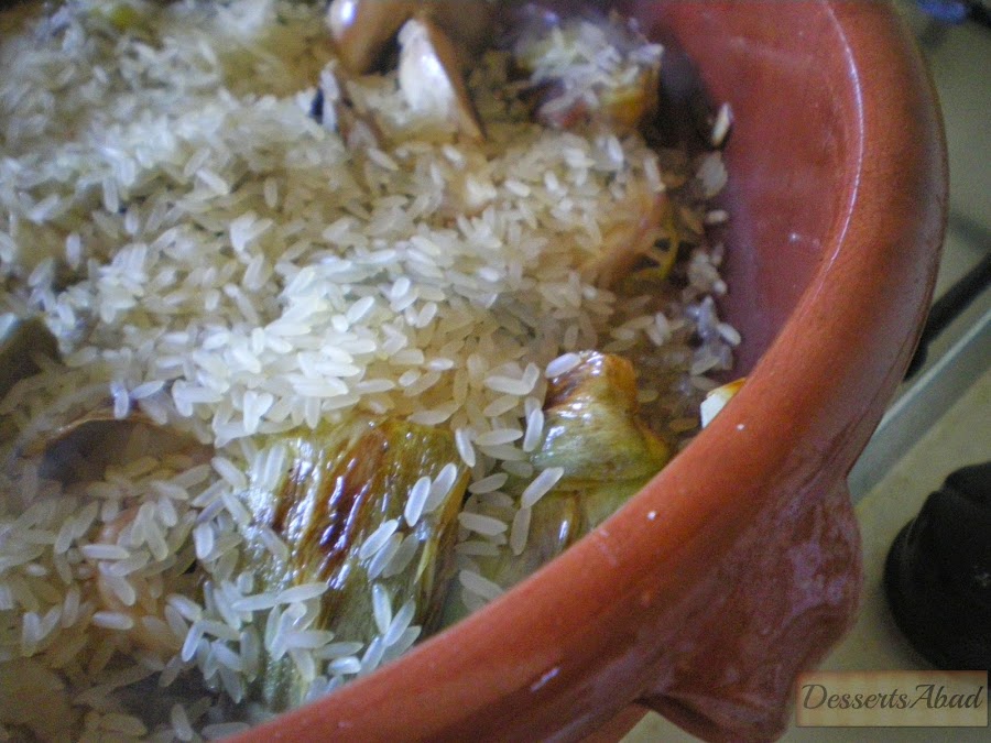 Alcachofas+puerro+champiñones+arroz (sofrito)