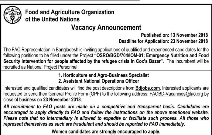 Food and Agriculture Organization of the United Nation Job Circular 2018