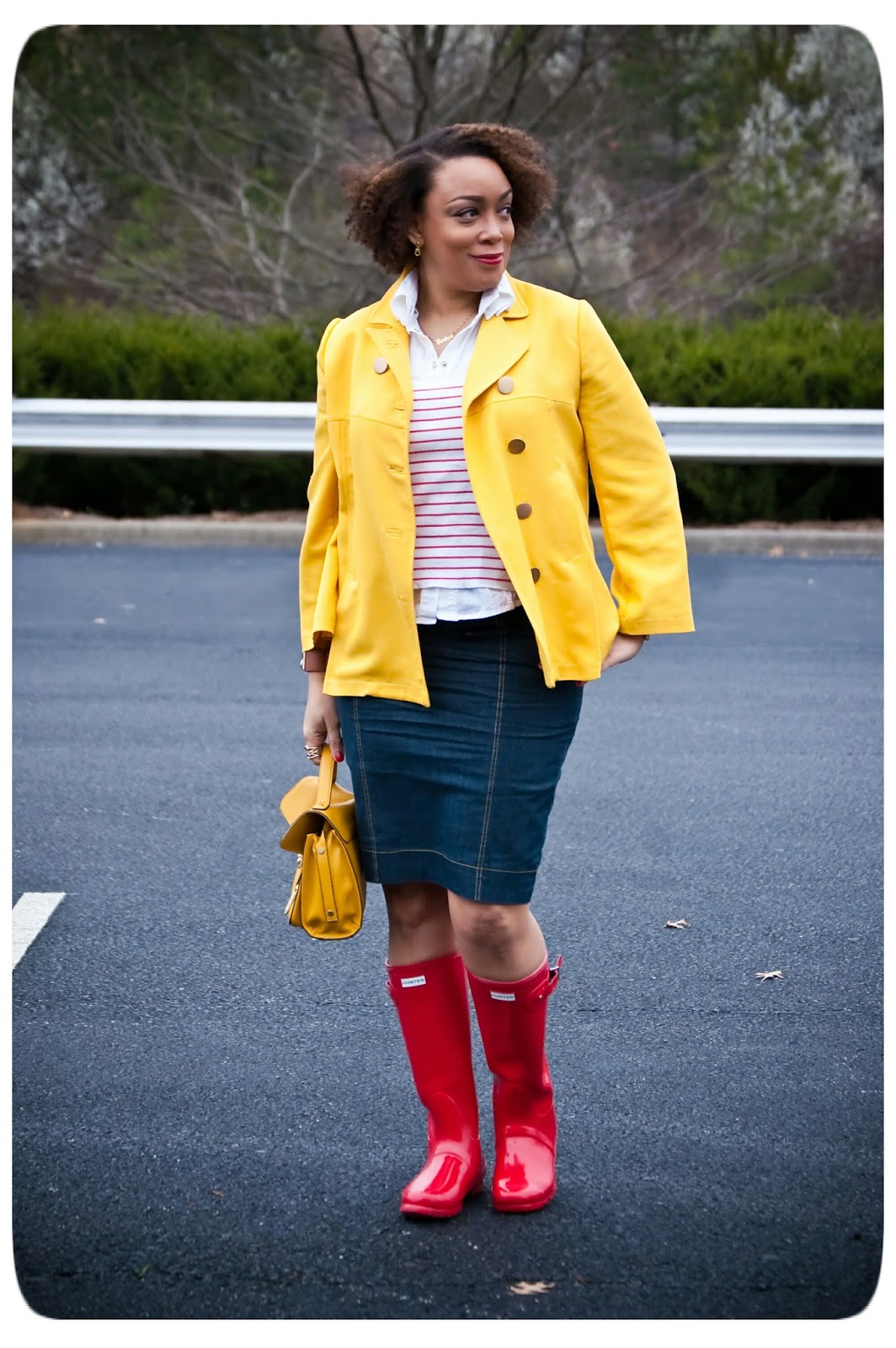 Rainy Day Outfit | Yellow Trench Jacket and Red Hunter Boots - Erica B.'s - DIY Style!