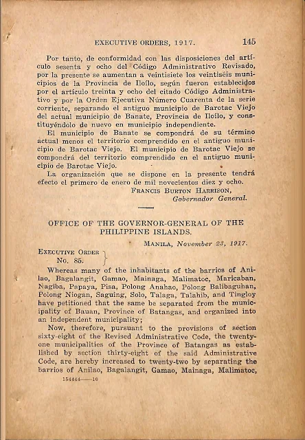 Executive Order No. 85 series of 1917 creating the Municipality of Mabini, English version.