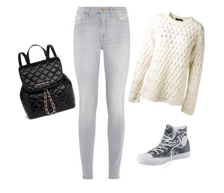 vaquero gris, jersey punto blanco, converse estampadas y mochila guateada negra