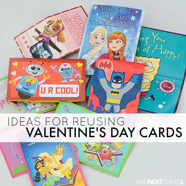 Simple ways to reuse Valentine's Day cards for play and learning from And Next Comes L
