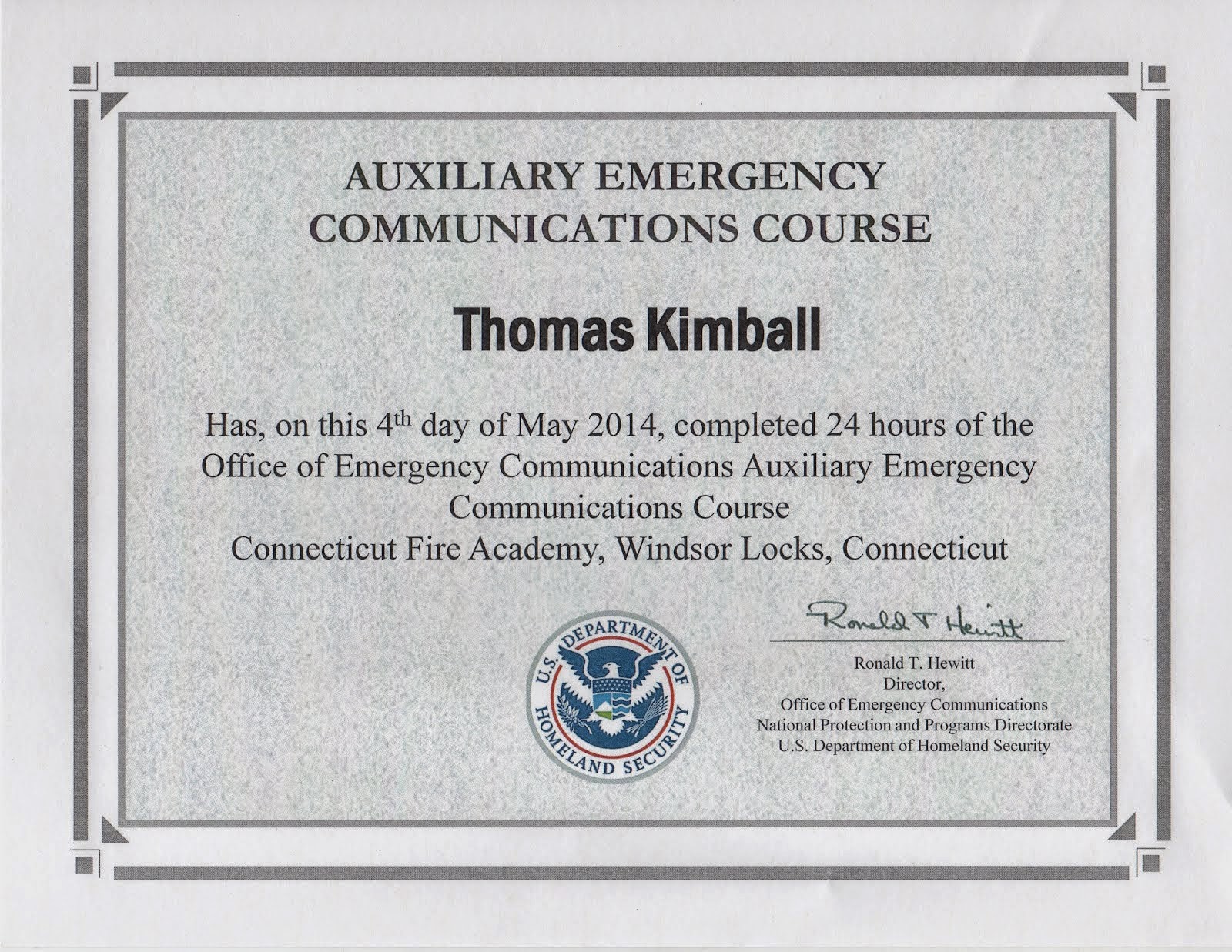 Auxiliary Emergency Communications (AUXCOMM) Course Certificate