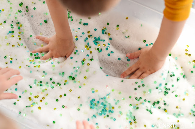 Sensory play with sparkle soap foam for kids from And Next Comes L