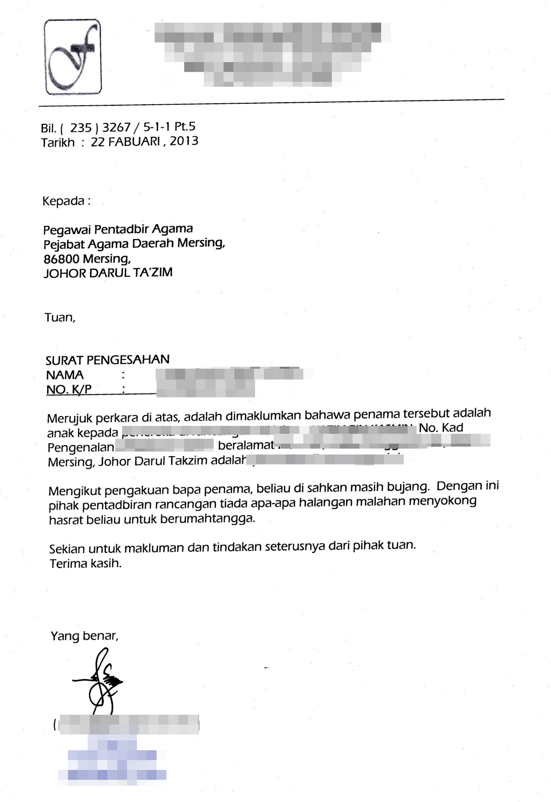 Contoh Surat Akuan Bujang Kepada Ketua Kampung