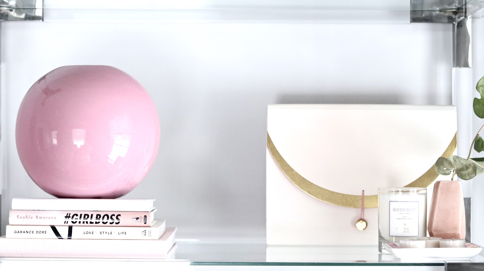 Chic and Practical Guide to Styling a Shelf , Lucite shelf, Homesense, GirlBoss Office, Blogger Office Tour, white and pink office