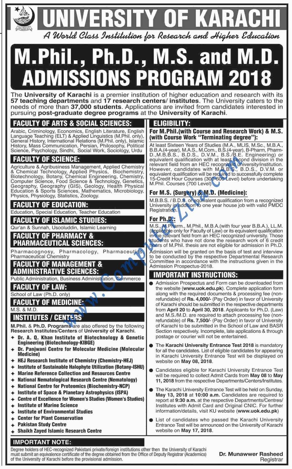 University of Karachi Admissions Program 2018 Computer Zila