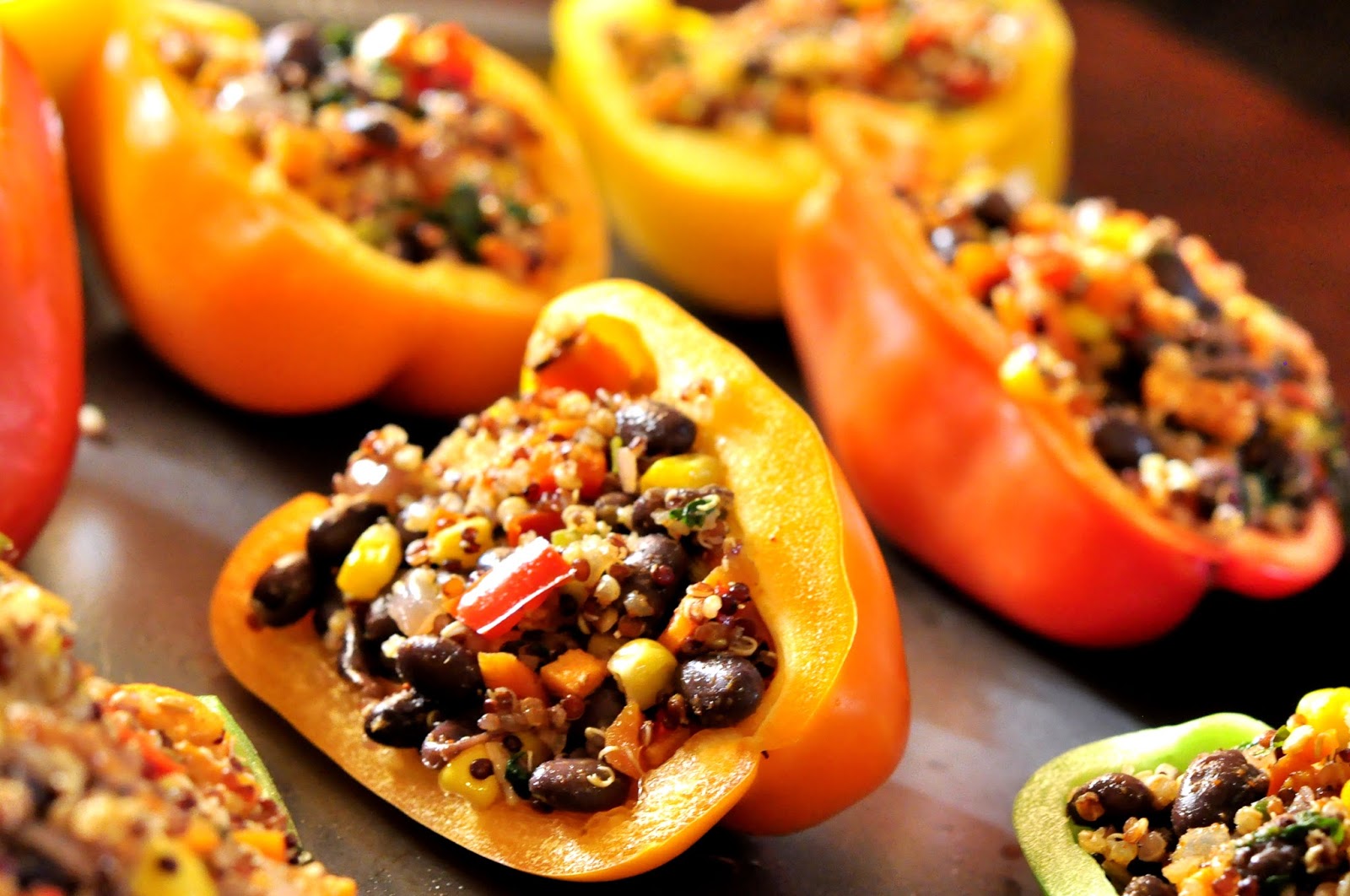 Spice Infused Black Bean, Sweet Potato & Quinoa Stuffed Peppers