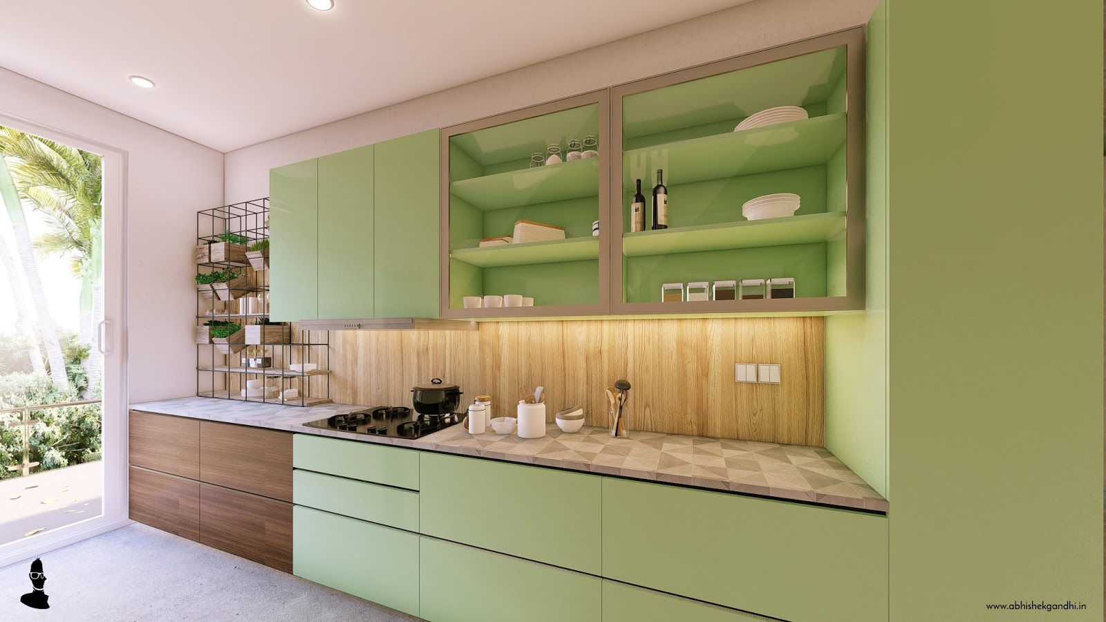 Blinkshop Modular Kitchen Laquered Green With Acacia Veneer