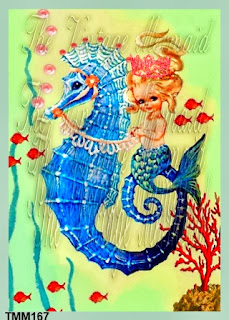 little merbaby princess riding seahorse on baby mermaid fabric blocks by vintagemermaidsfabricblocks.com