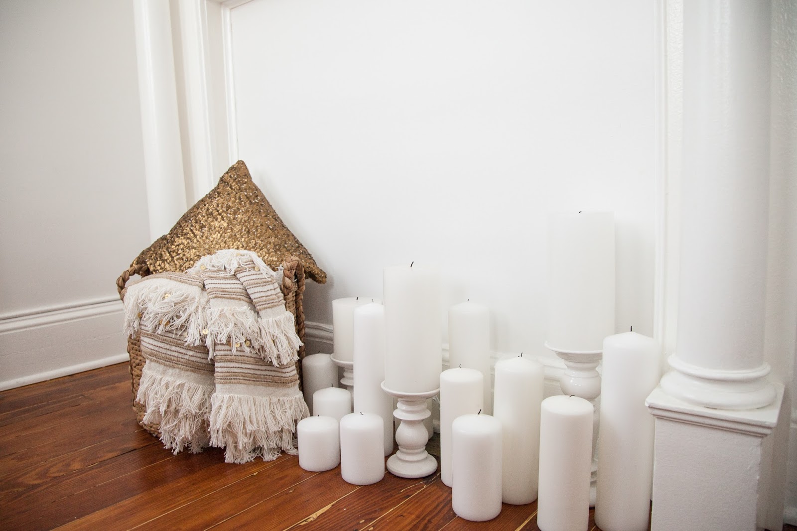 Mantle Decor with Pillar Candles and Throw Blanket Basket
