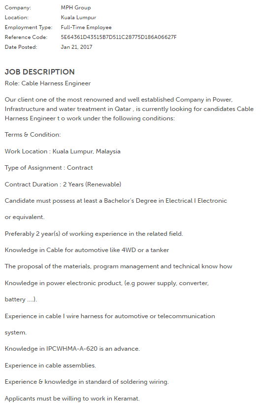 Oil &Gas Vacancies Cable Harness EngineerMPH GroupKuala Lumpur