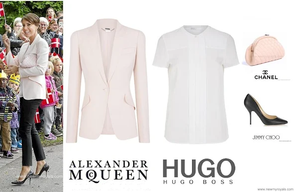 Alexander-McQueen Crepe Jacket and Hugo Boss Pleated Silk Shirt, black Jimmy Choo pump and Chanel Quilted Clutch Bag