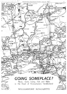 60s map of popular destinations near Williamsport, PA