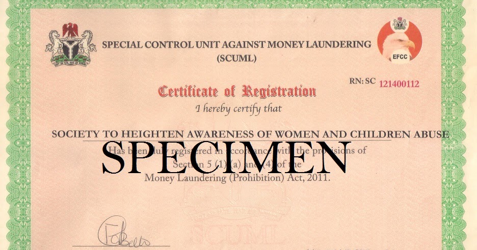Special Control Unit Against Money Laundering Scuml Certificate Of Registration Society To Heighten Awareness Of Women And Children Abuse Sothawaca