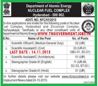 Online Applications are invited for Scientific Officer, Scientific Assistant and Stenographer vacancy in Nuclear Fuel Complex Hyderabad