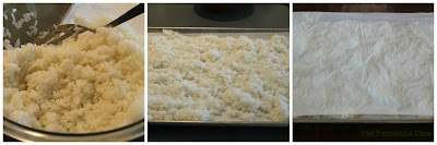 Sushi rice being mixed with rice vinegar, being spread out and covered on a baking sheet