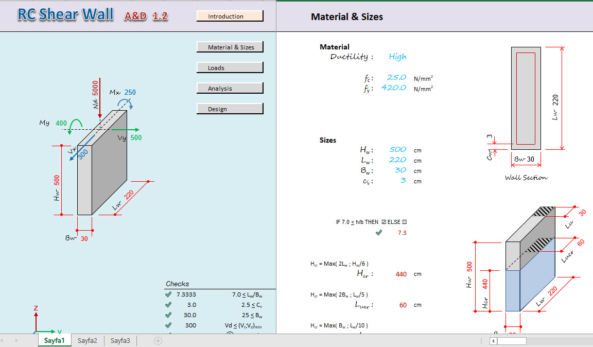 RC Shear Wall Analysis and Design Excel sheet 