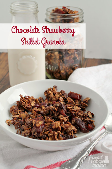 Studded with sweet dried strawberries & mini chocolate chips, this easy to make Chocolate Strawberry Skillet Granola only tastes like a decadent treat.