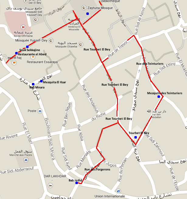 Mapa del recorrido de la Medina de Túnez en el Barrio de los forjadores