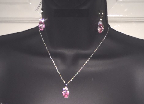 925 Silver and Floral Pink Dazzle Oval Crystal Stone Necklace and Earring Set. Chain-46cm
