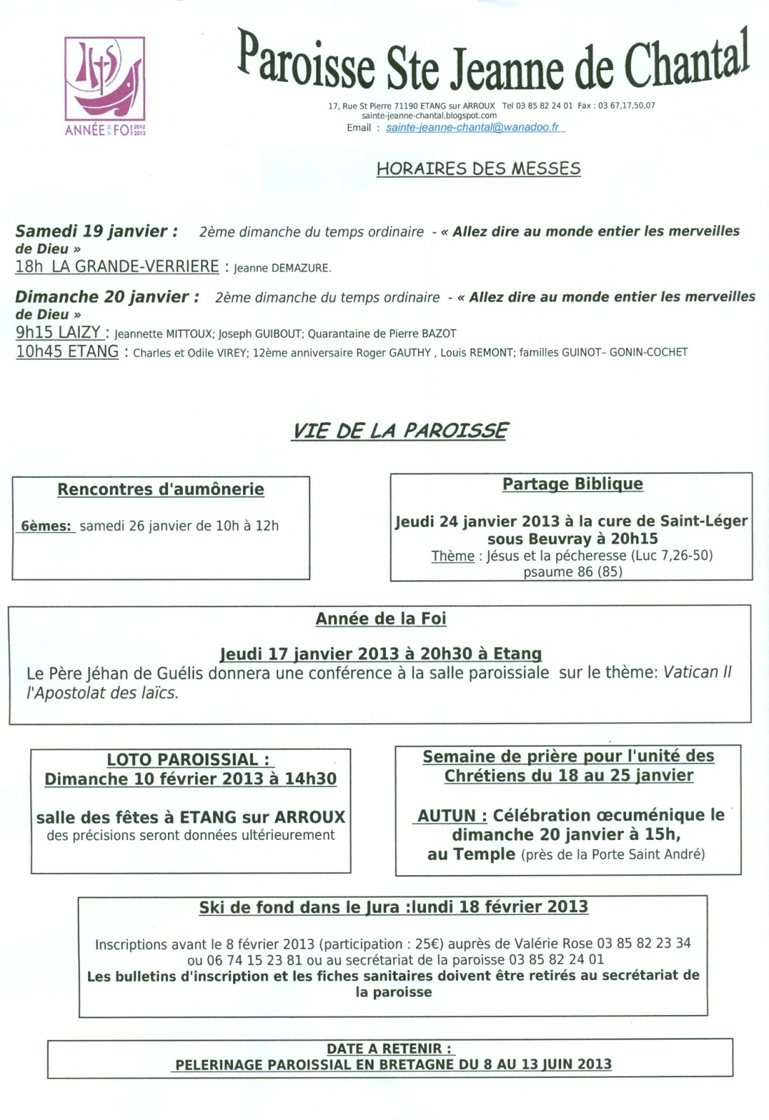 Paroisse Sainte Jeanne de Chantal Feuille paroissiale du dimanche 20