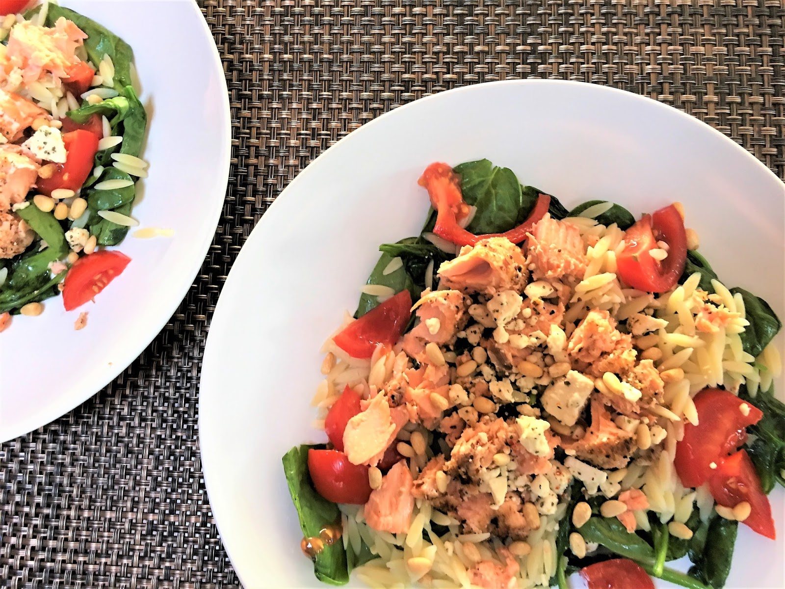 Grilled Salmon with Wilted Spinach, Orzo and Feta mysavoryspoon