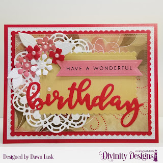 Divinity Designs Paper Collection: Beautiful Blooms, Stamp/Die Duos: Happy, Custom Dies: Pierced Rectangles, Scalloped Rectangles, Doily, Pennant Flags, Bitty Blooms, Bitty Blossoms