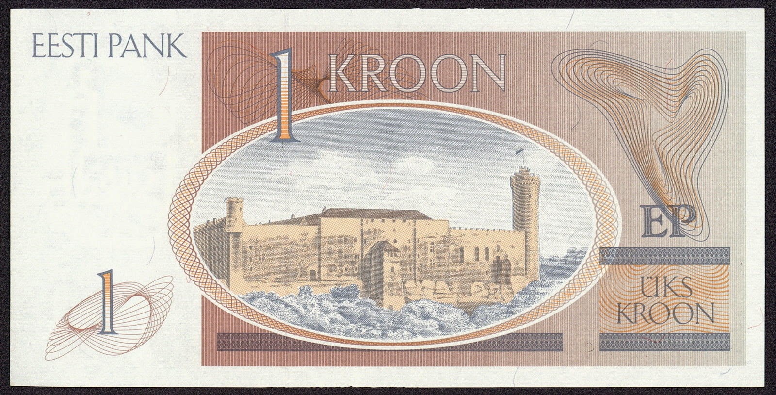 Estonia banknotes 1 kroon note, Toompea Castle and the Tall Hermann Tower