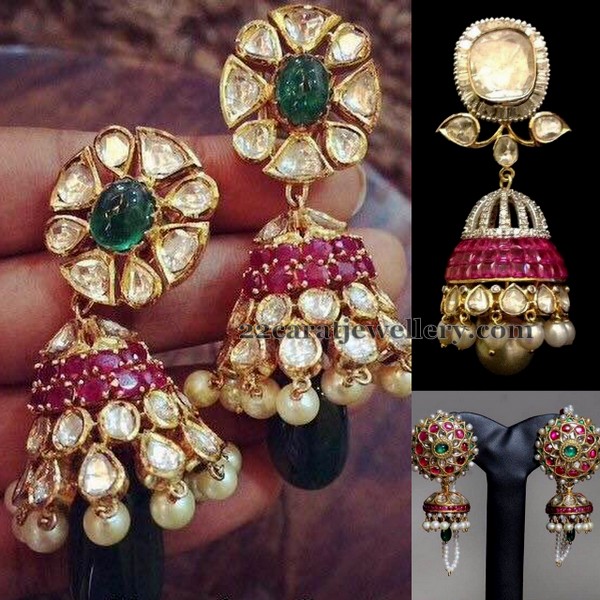 Rubies Jhumkas with Polki Stones Jewellery Designs