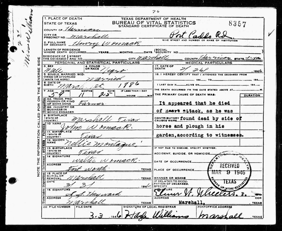 Henry Womack, 187? - 1946, Marshall, Harrison, Texas