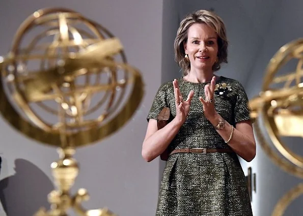 Queen Mathilde style, Mathilde wore Natan Dress, Delphine Nardin Gold Earrings, Diane von Furstenberg Flirty Elaphe clutch, Dries Van Noten dress, Cartier gold necklace