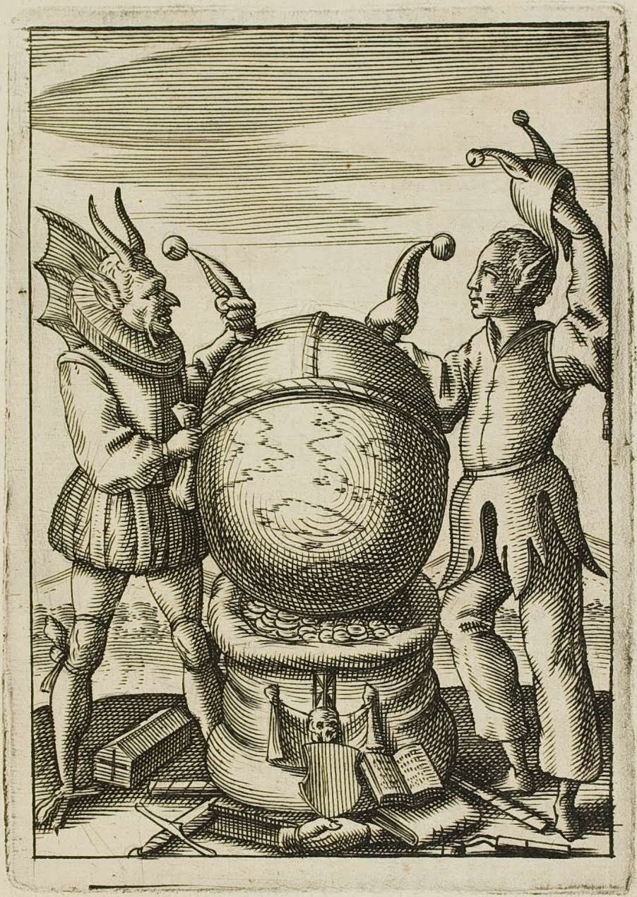 fool's cap emblem with devil and human attendants