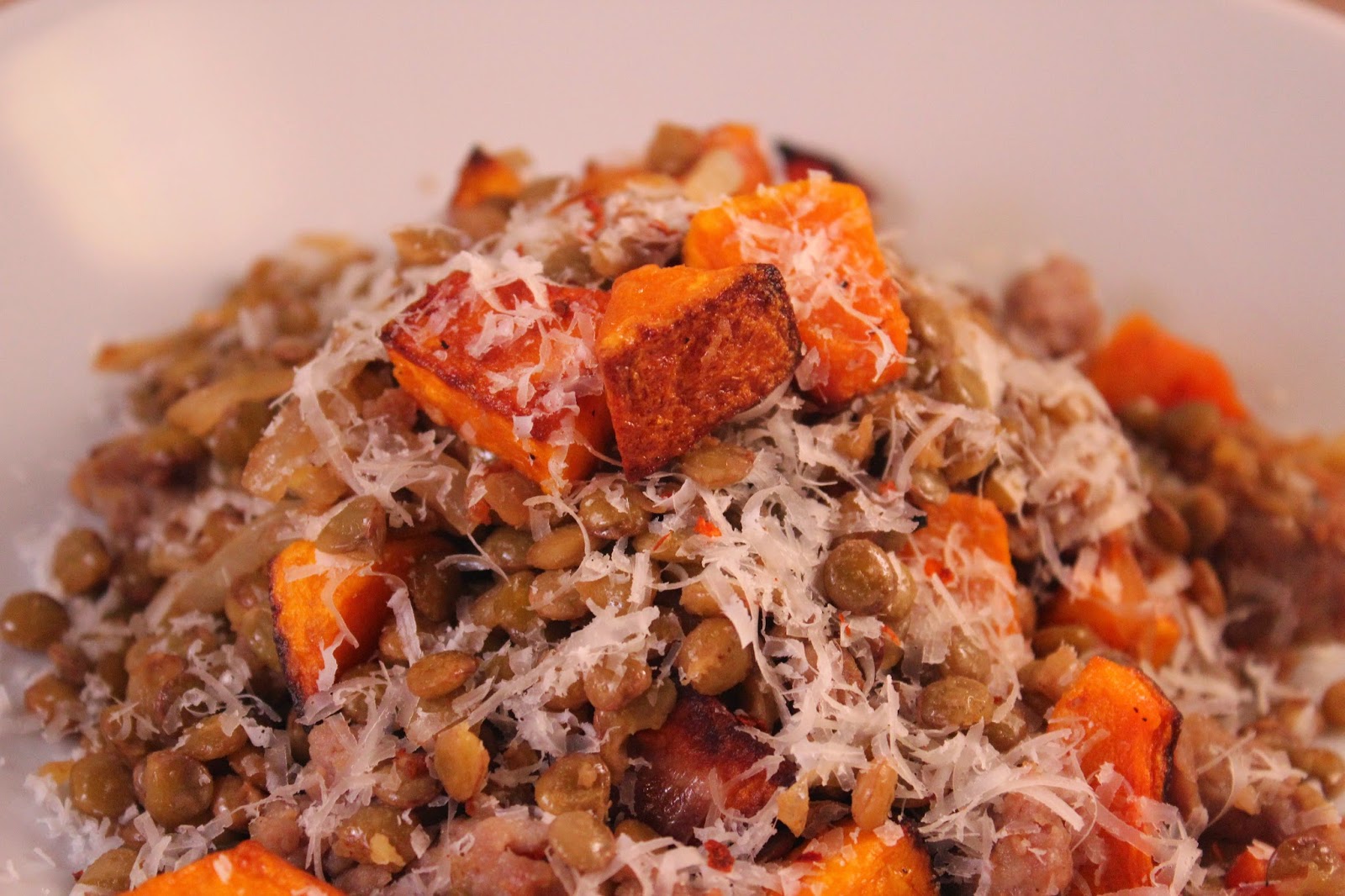 Lentils with sausage and roasted butternut squash