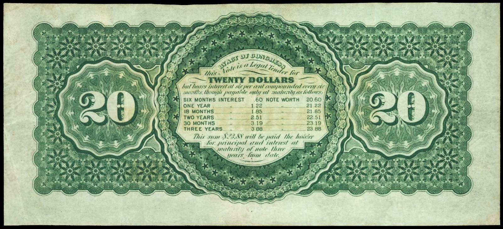 United States paper money 1864 Twenty Dollar Compound Interest Treasury Note