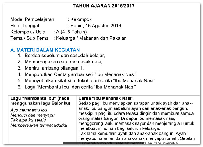 Contoh RPPH PAUD Kurikulum 2013 TK A Semester 1 Usia 4-5 Tahun Minggu ...