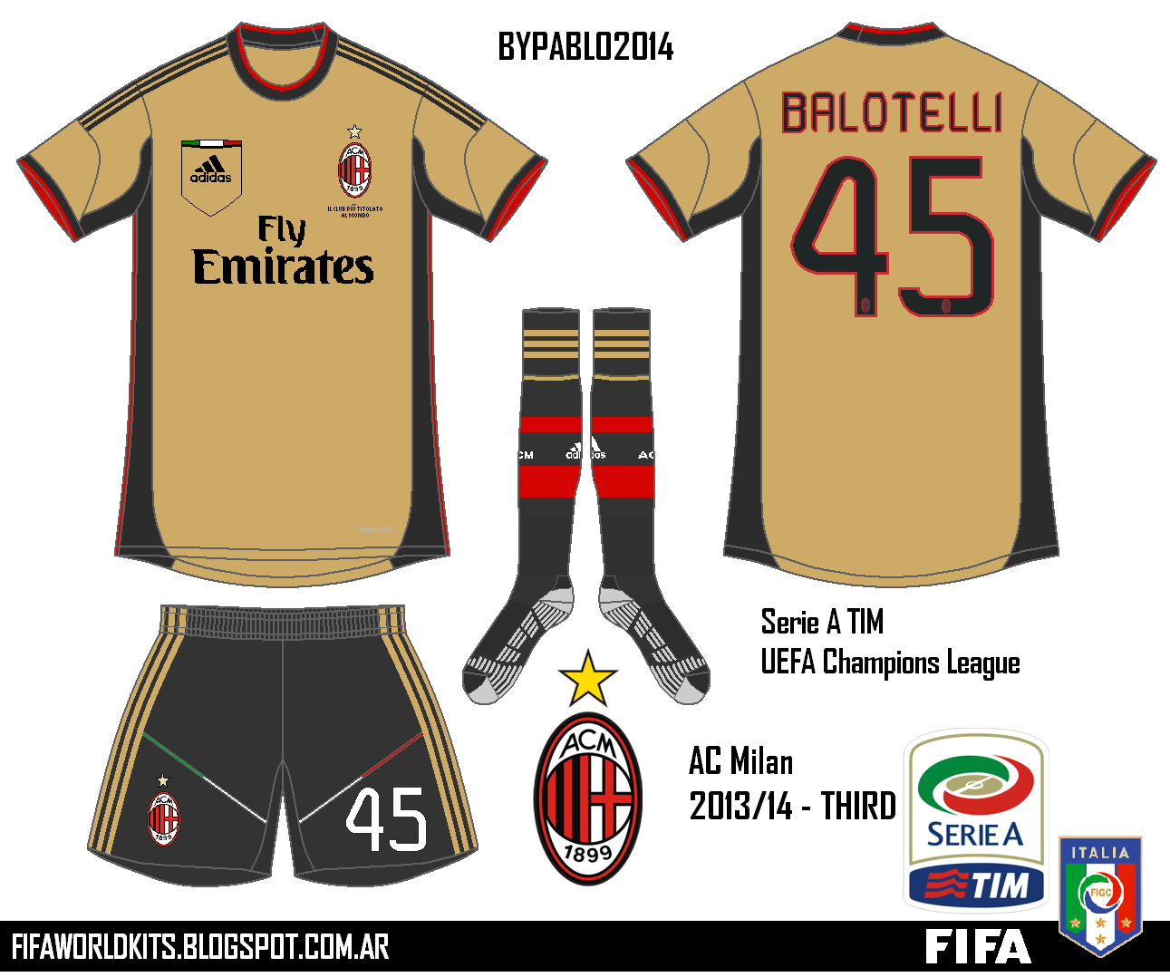 Maillot AC Milan 2013-2014 3ème - Doré, Joueur Kaká, Taille L - Adidas - Occasion