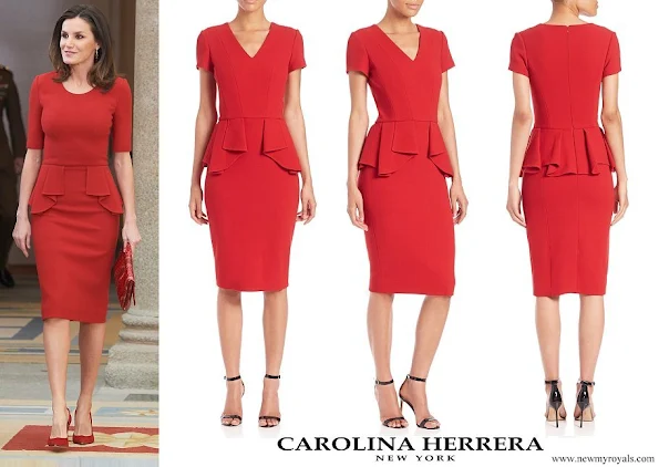 Queen Letizia wore Carolina Herrera Red Peplum Stretch Wool Dress