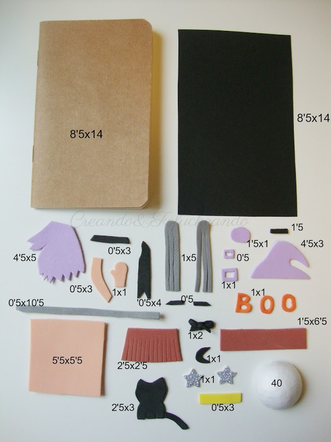 Medias y piezas para decorar la libreta con la fofucha brujita en Goma eva