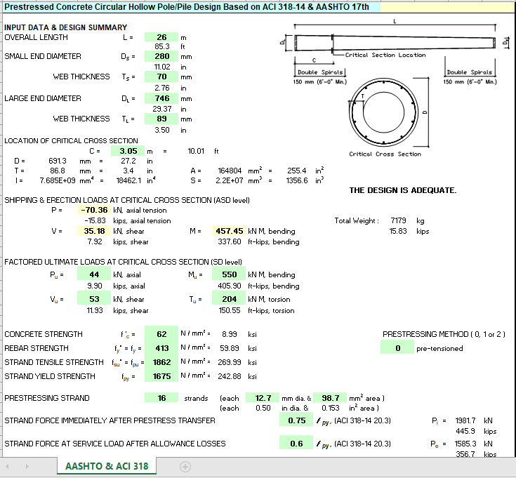 Prestressed Concrete Circular Hollow Pole/Pile Design Based on ACI 318-14 & AASHTO 17th
