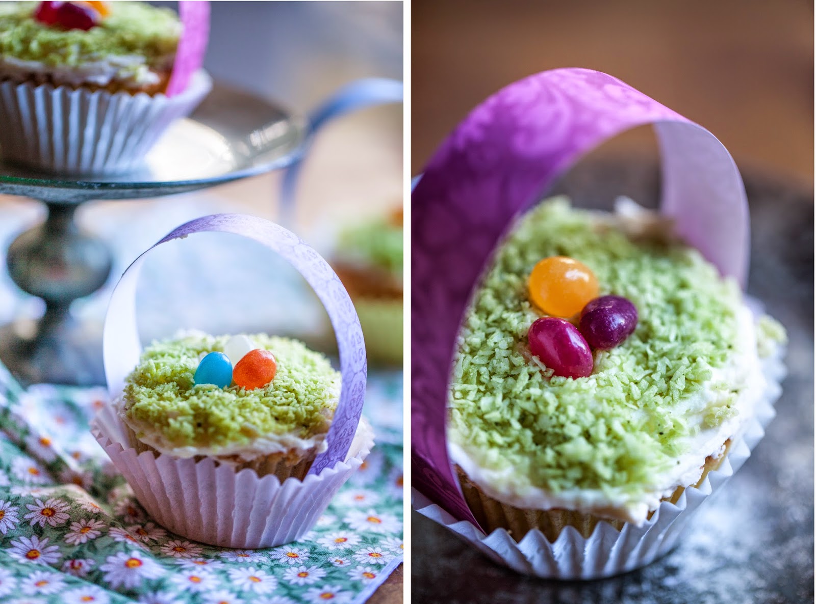 Naturally colored Easter cupcakes lemon and coconut with matcha for green