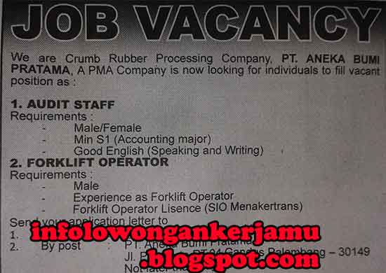 Info Lowongan Kerja Loker Audit Staff Forklift Operator Pt Aneka Bumi Pratama