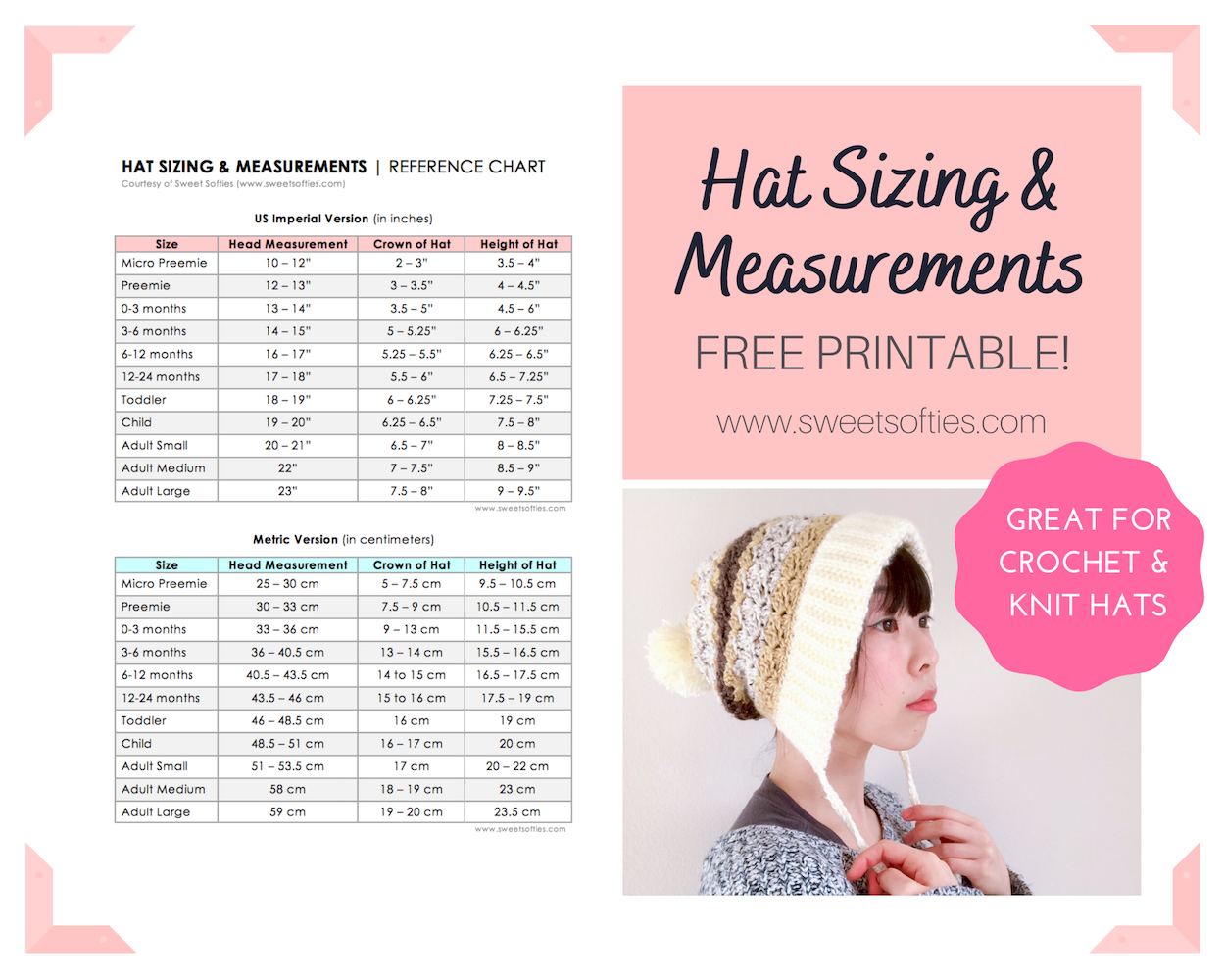 Crochet Hat Sizes: Chart + 2 Printables