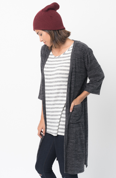 Shop for 3/4 Sleeves Black Front Pockets Maxi Cardigan Online - $30 - on caralase.com