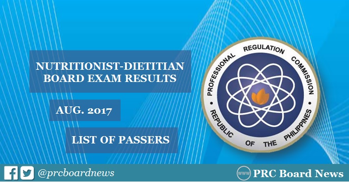 PRC RESULTS: August 2017 Nutritionist Dietitian board exam passers