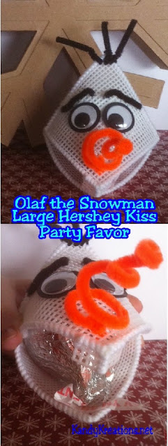 Celebrate at your Snowman or Frozen party with this Olaf the Snowman party favor.  Make a simple and quick plastic canvas kiss holder for a large Hershey Kiss and give warm hugs and kisses at your next party.