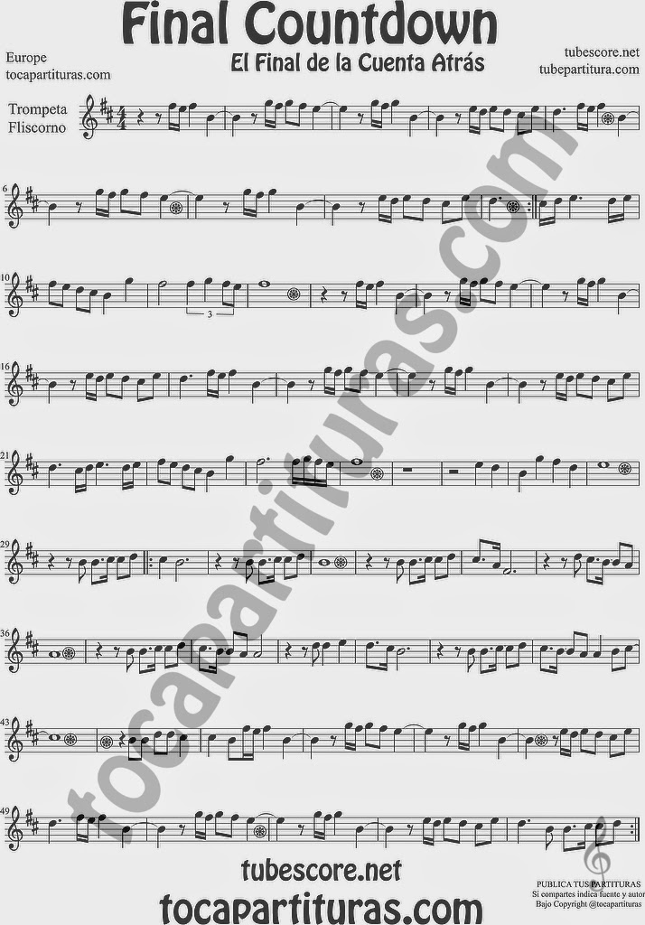  The Final Countdown Partitura de Trompeta y Fliscorno Sheet Music for Trumpet and Flugelhorn Music Scores
