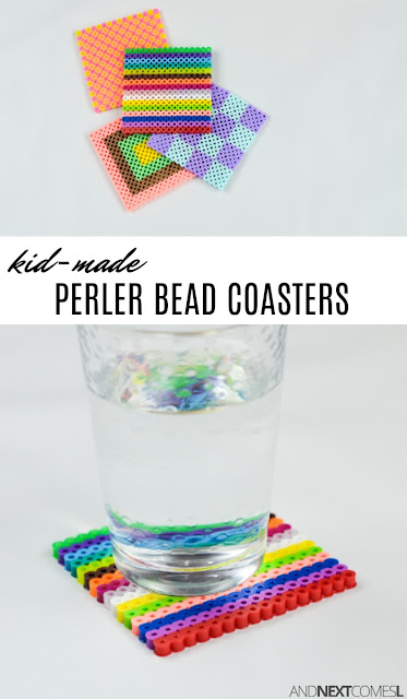 Perler bead craft idea for kids: make a DIY perler bead coaster set from And Next Comes L