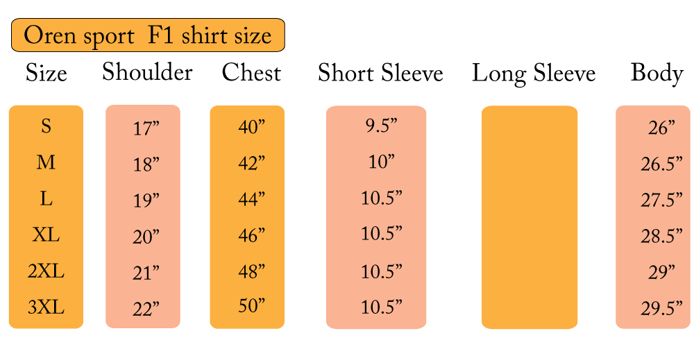 Hiung's T-shirt: Size Chart